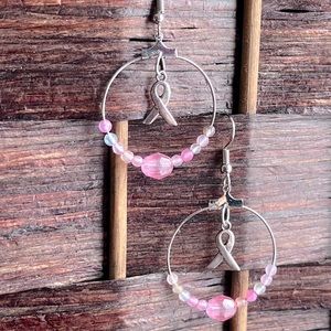 Breast Cancer Awareness Silver Beaded Hoop Earrings